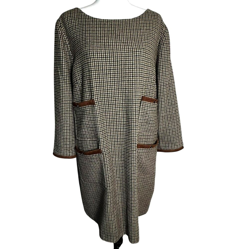 PRESTON & YORK NWT Size 18 Brown Tan Houndstooth Midi Dress Wool Pockets Career‎